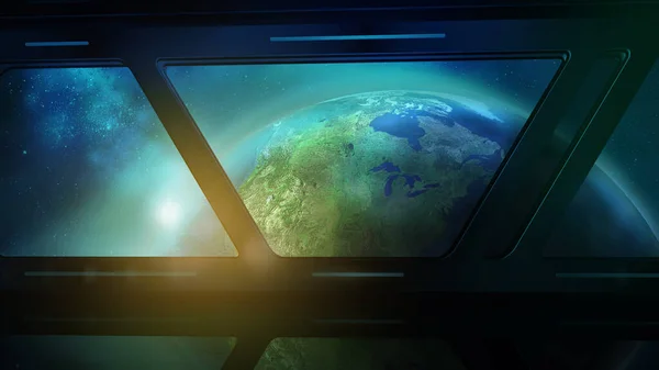 Earth from the porthole of the spaceship, 3D render — Stock Photo, Image