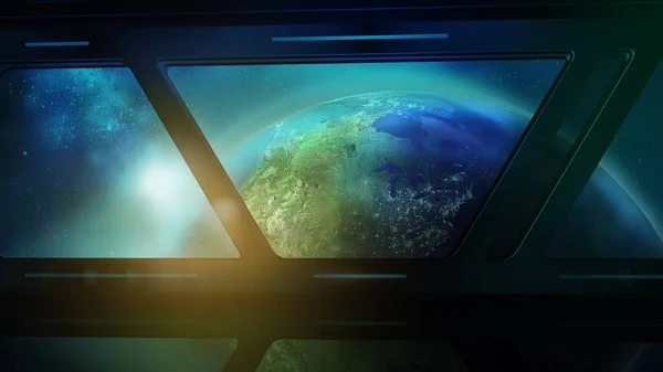 Earth from the porthole of the spaceship, 3D render — Stock Photo, Image