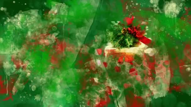 Caixas de presente de decoração de Natal aquarela no fundo de manchas coloridas . — Vídeo de Stock