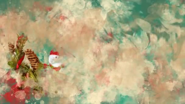 Aquarell Weihnachtsdekoration Tanne, Schneemann auf dem Hintergrund farbiger Kleckse. — Stockvideo