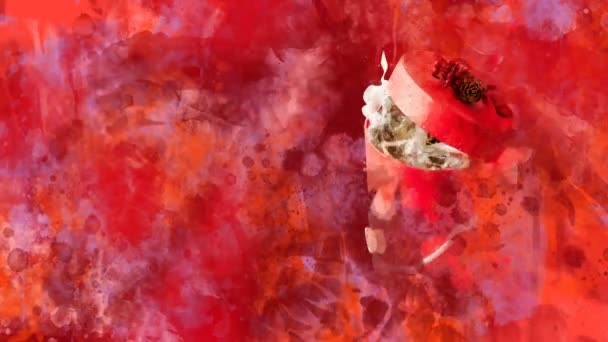 Υδατογραφία Χριστουγεννιάτικη διακόσμηση κόκκινο κουτί δώρου στο φόντο των χρωματιστών κηλίδες. — Αρχείο Βίντεο