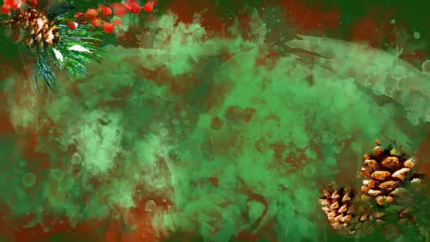 Akvarel vánoční dekorace borovice kužel na pozadí barevných skvrn. — Stock video