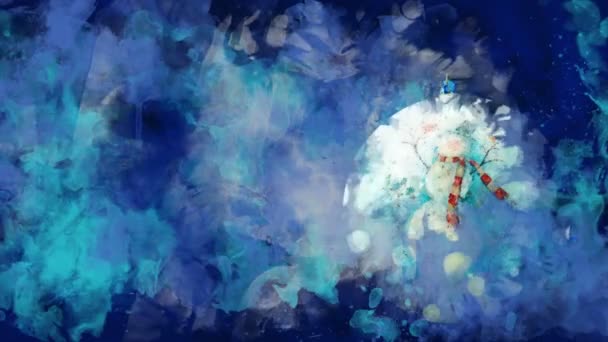 Boule de Noël aquarelle avec un bonhomme de neige sur le fond de taches colorées . — Video
