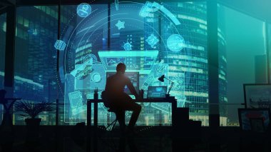 İş merkezi gökdelenlerinin arka planında tasarımcı.