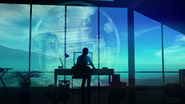 Infographic arka plan üzerinde Kadın web tasarımcısı siluet.