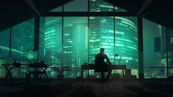 Silhouette eines Webdesigners vor dem Hintergrund von Business Center-Wolkenkratzern. — Stockfoto