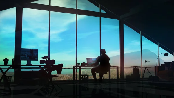 Die Silhouette eines Videofilmers an einem Arbeitsplatz in seinem Büro. — Stockfoto