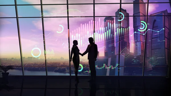 Bilgi grafiklerinin arka planında ortaklar ofiste el sıkışıyor.