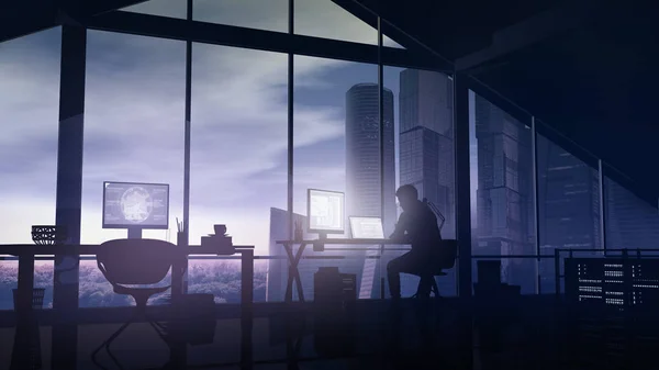Προγραμματιστής ιστού στο γραφείο με φόντο ουρανοξύστες. — Φωτογραφία Αρχείου