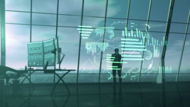 Ofisinde sanal veri dizisiyle çevrili bir tüccar..