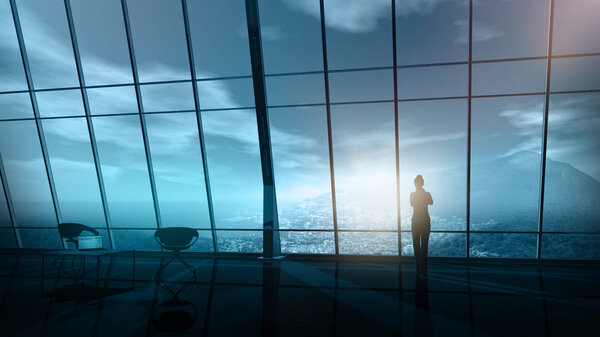 A silhouette of a business woman standing against an office window in front of coastal scenery.