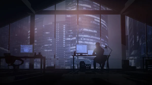 Programmeur Web sur les fenêtres de fond donnant sur les gratte-ciel du soir . — Photo