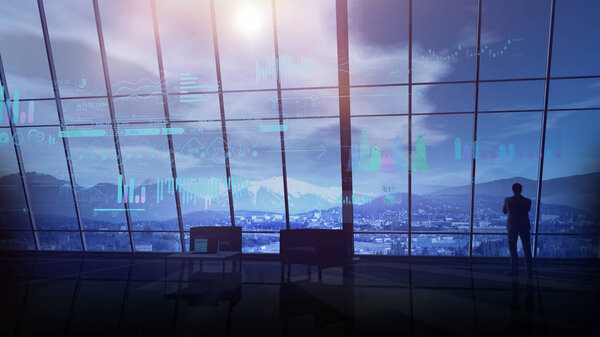 Silhouette of a businessman and an array of data in virtual reality against the background of an office window overlooking the night landscape with a town and mountains.