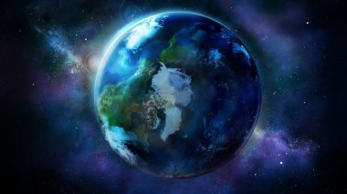 Kuzey Amerika, Asya ve Avrupa'yı gösteren uzaydan gerçekçi Dünya