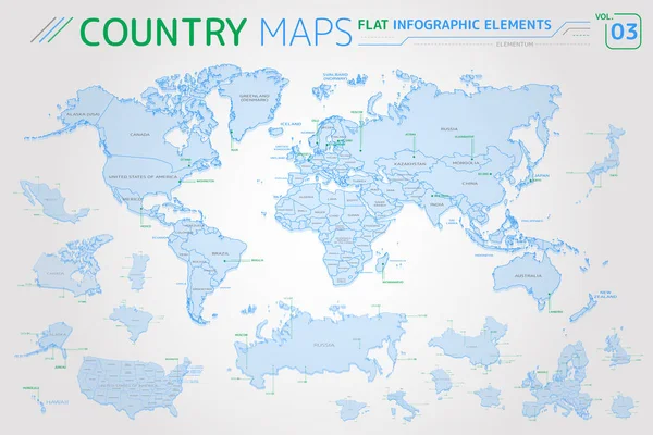 América, Asia, África, Europa, Australia, Oceanía, México, Japón, Canadá, Brasil, Estados Unidos, Rusia, China Vector Maps — Vector de stock