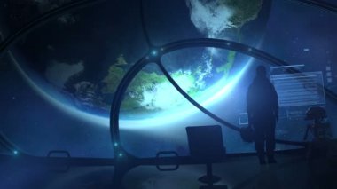 An astronaut stands at the porthole of a ship in orbit of the earth.
