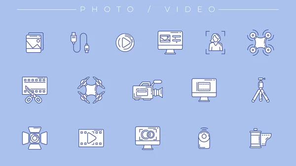 Pictograme foto și video. Set vector stil linie — Vector de stoc