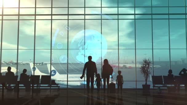 Сім'я, що подорожує літаком та віртуальною інфографікою . — стокове відео
