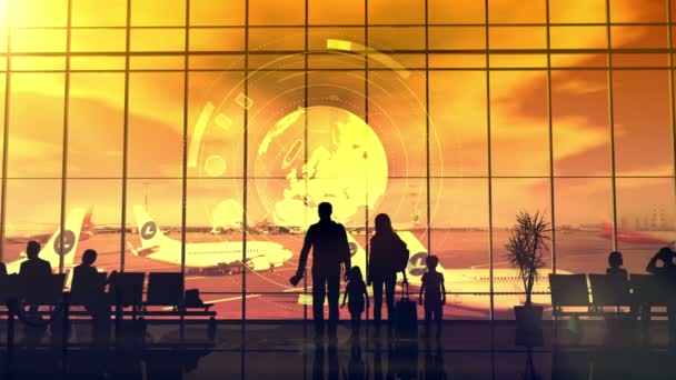 Silhouettes of travelers at the airport at sunset. — Stock Video