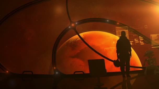 L'astronaute se tient au hublot d'un vaisseau approchant de Mars. .