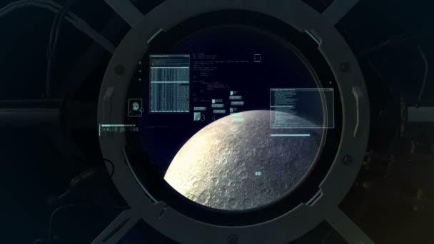 Infographics na pozadí okénka s měsícem přes palubu. — Stock video