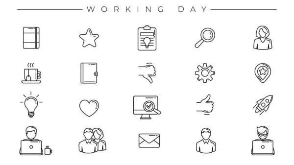 Working Day concept lijn stijl vector pictogrammen ingesteld — Stockvector