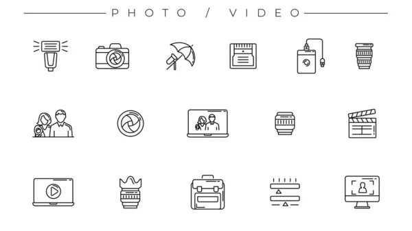 Foto en video pictogrammen. Vectorset in lijnstijl — Stockvector