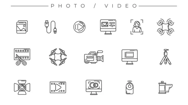 Foto- und Video-Symbole. Linienstil-Vektorsatz — Stockvektor