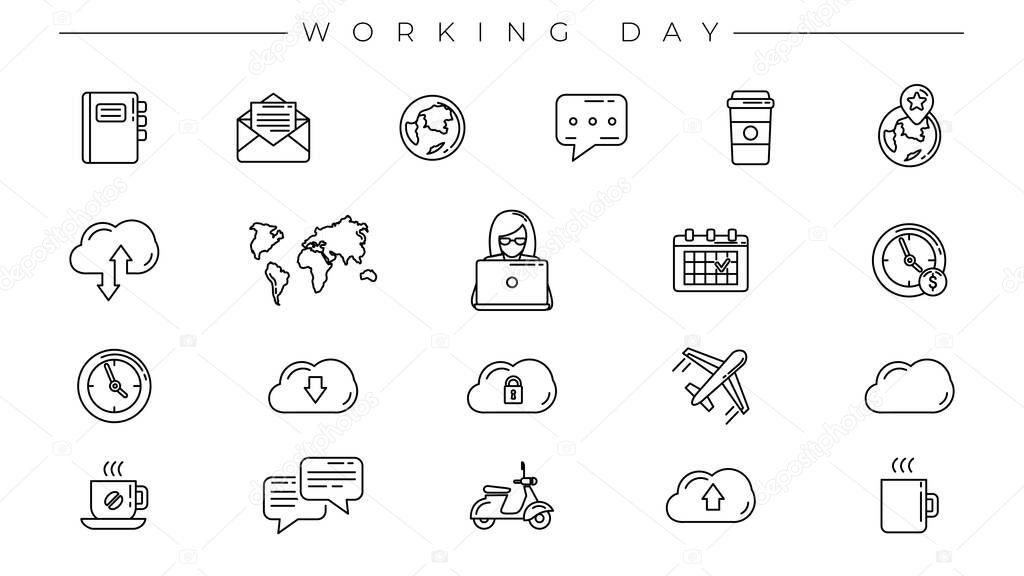 Working Day concept line style vector icons set
