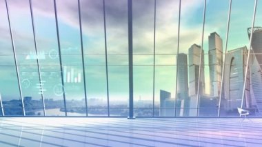 Parlak bir ofisin arka planında bilgi grafikleri.