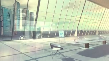 Konferans odasında büyük bir masa ve Infographic Data.