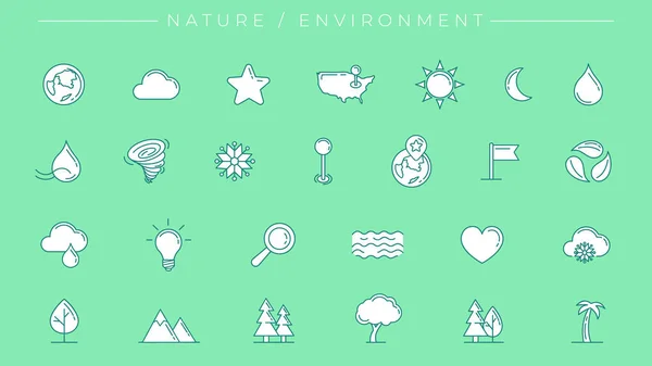 Set di icone vettoriali stile linea concettuale Natura e Ambiente — Vettoriale Stock