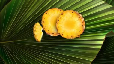 Yaprağın üzerinde doğranmış ananas dilimleri.