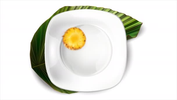 Composition of pineapple, kiwi and strawberries on a white plate and leaf. — Stock Video