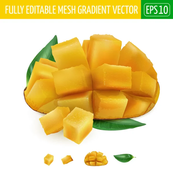Kocka szeletelt friss mangó zöld levelekkel. — Stock Vector