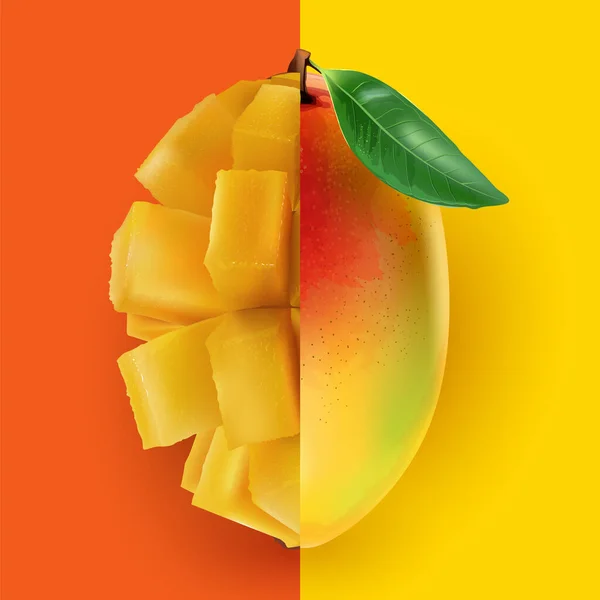 En halv mango i kombination med en halv tärnad mango. — Stock vektor