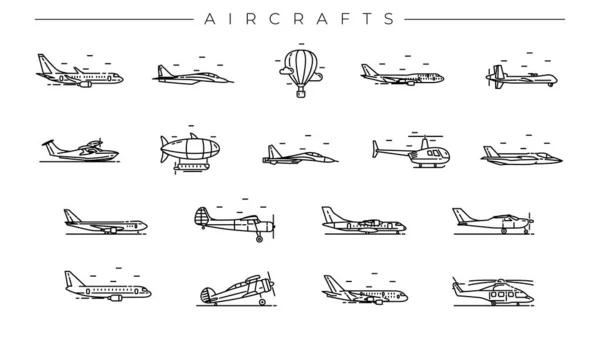 Vliegtuigen concept lijn stijl vector pictogrammen set. — Stockvector