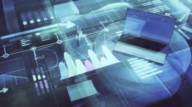 Laptop ve infografik veriye sahip kurumsal arkaplan.
