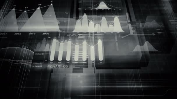 Schwarz-weißer Hintergrund mit Infografik und Big Data. — Stockvideo
