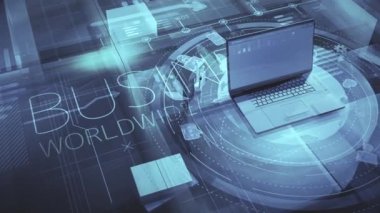 Dizüstü bilgisayarlı ve soyut verili kurumsal arkaplan.