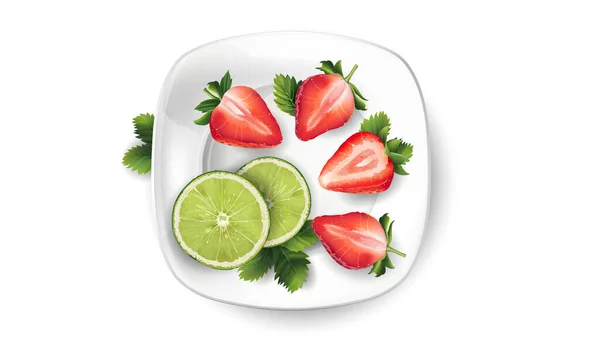 Bodegón de frutas: lima y fresas en un plato blanco. — Archivo Imágenes Vectoriales