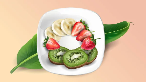 Kiwi diiris, stroberi dan pisang di piring putih. - Stok Vektor