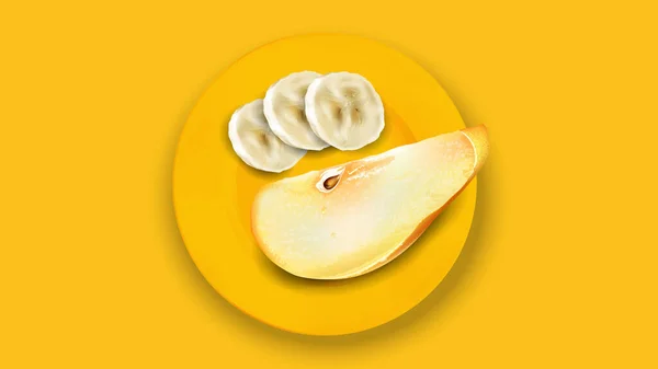 Κομμένη μπανάνα και αχλάδι σε κίτρινο πιάτο. — Διανυσματικό Αρχείο