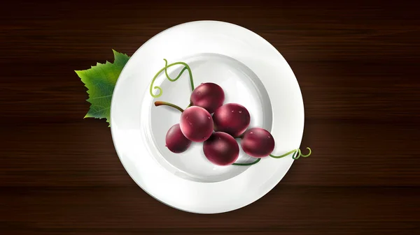 Red grapes on a white plate and wooden table. — Stock Vector