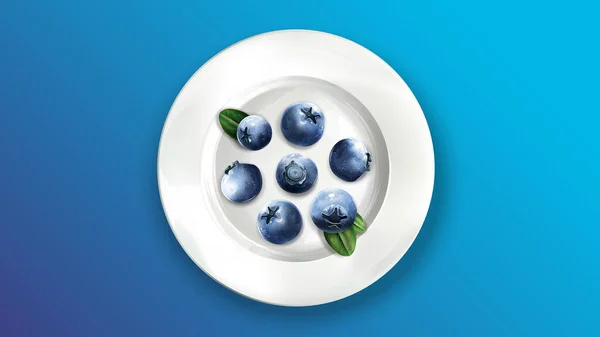 Composition des bleuets sur une assiette blanche . — Image vectorielle