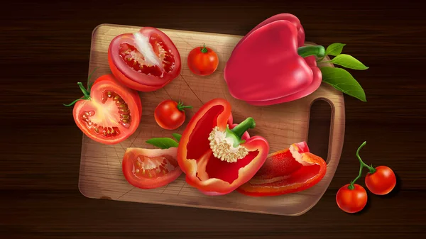 Stilleben von Paprika und Tomate auf dem Brett. — Stockvektor