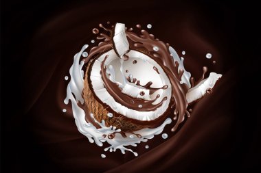 Sliced coconut in a chocolate and milky splash. clipart