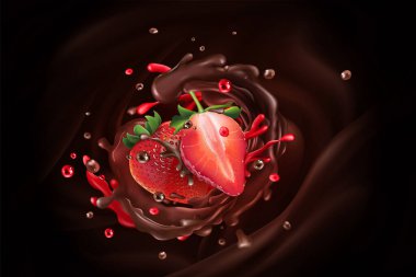 Chocolate splash with strawberries on a chocolate background. clipart