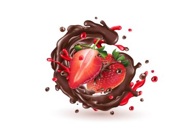 Chocolate splash with strawberries on a white background. clipart