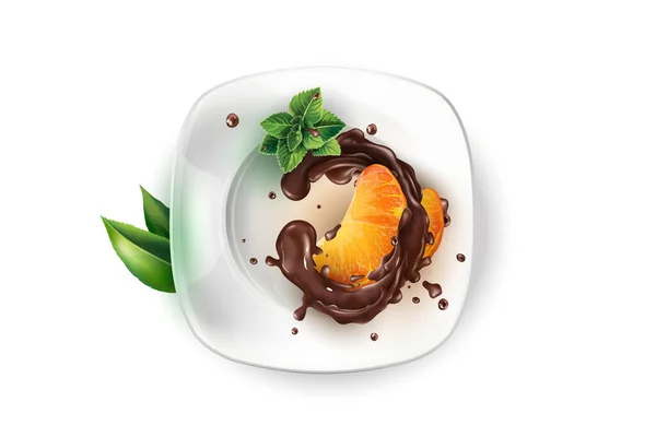 Tranches de mandarine au chocolat sur une assiette blanche. — Image vectorielle